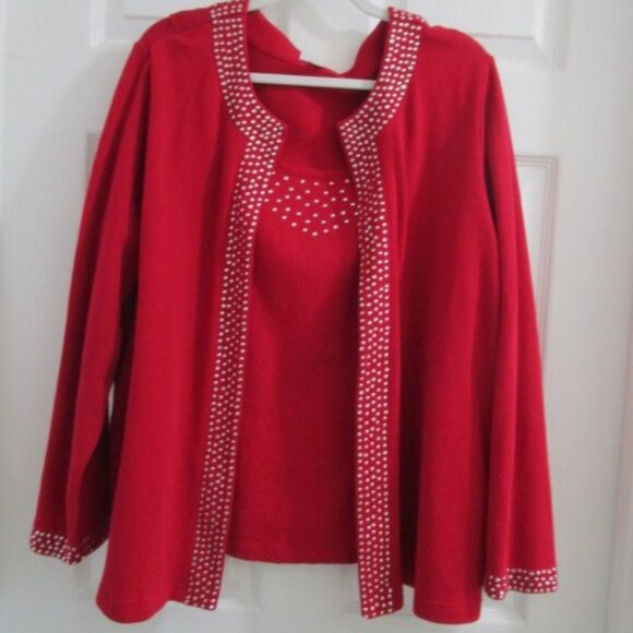 Quacker Factory Layered Sweater Cardigan Red Studded Detail Size 1X - Picture 1 of 7